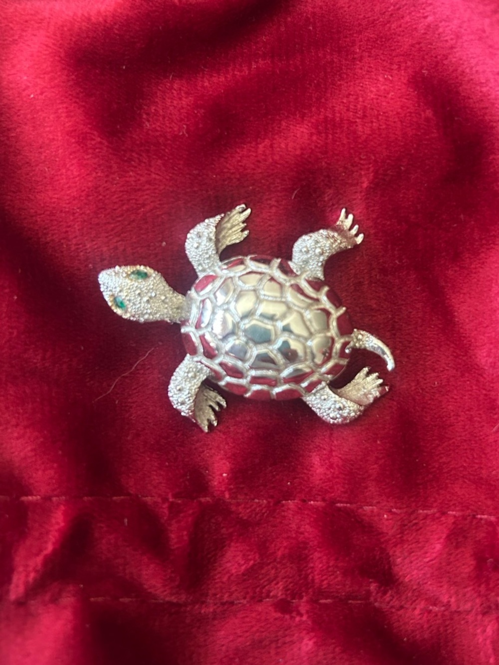 Vintage Silver Turtle Brooch with Green Eyes
